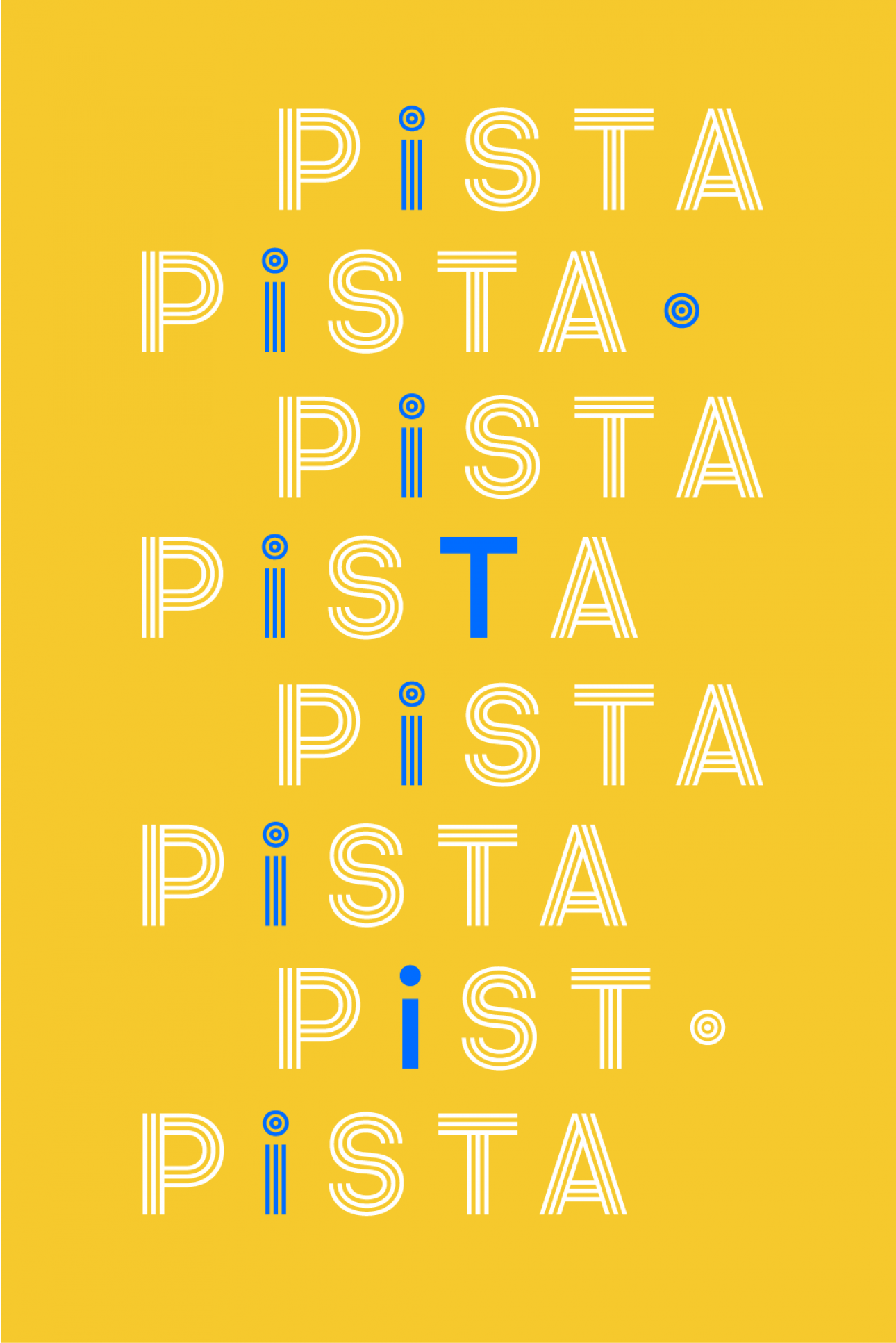 ALKANARA - Cartaz com fundo amarelo e uma lista feita com o logotipo do programa PISTA desenhado a branco e azul. - ©