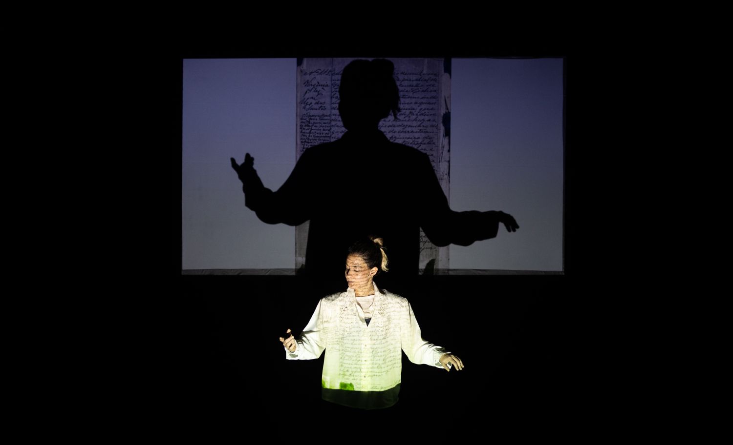 Uma pessoa com uma camisa branca está em frente a um grande ecrã de projeção, empenhada e pronta a falar. - Elisa Freitas