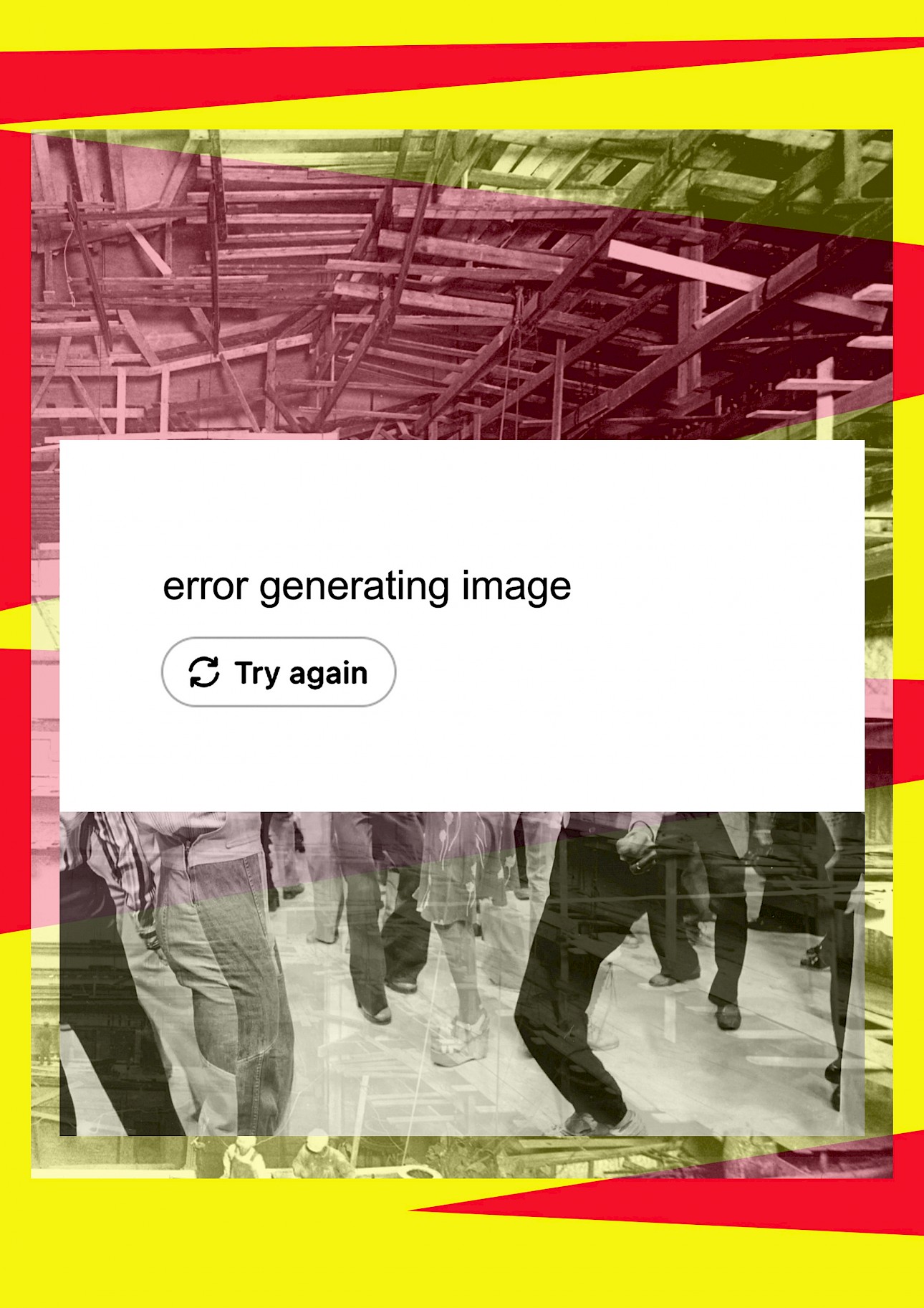 ALKANTARA - Mensagem de erro que exibe «erro ao gerar a imagem», com um botão «Tentar novamente» sobre um fundo distorcido com pessoas a caminhar num interior. - ©mariana sá nogueira_cão solteiro