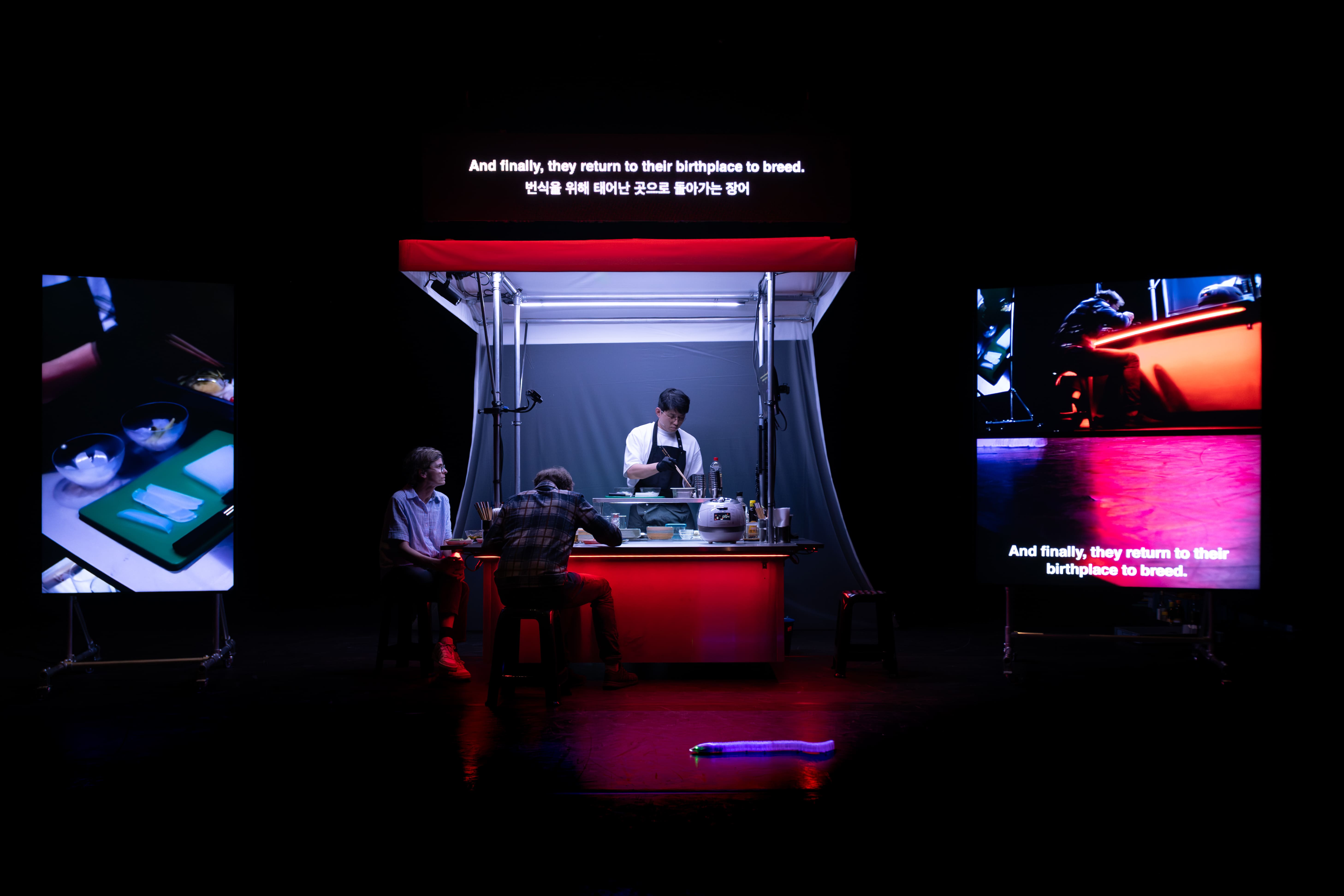 © Bea Borgers An art installation on a dark stage, featuring a lit Korean food stall with a chef cooking for two seated customers. Above, a sign displays English and Korean subtitles: "And finally, they return to their birthplace to breed." The scene is flanked by two large LED screens showing behind-the-scenes footage and the subtitle text, creating an immersive atmosphere. - Bea Borgers