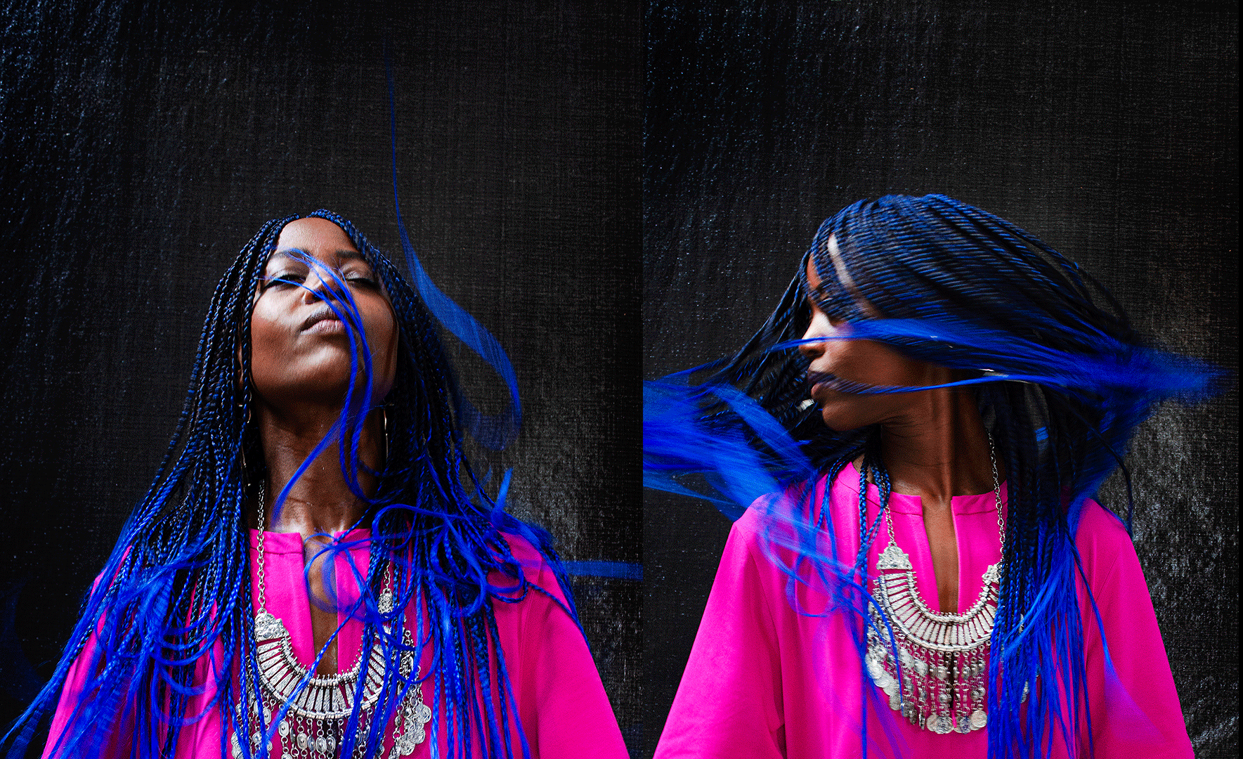 © Pat Cividanes Uma colagem de dois retratos de Dorothée Munyaneza lado a lado. Em ambos os retratos tem um cabelo entrançado, comprido e azul e veste uma camisola cor-de-rosa vibrante. - Pat Cividanes
